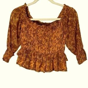 Patrons of Peace Womens Top Boho Paisley Smocked Off Shoulder Blouse size S